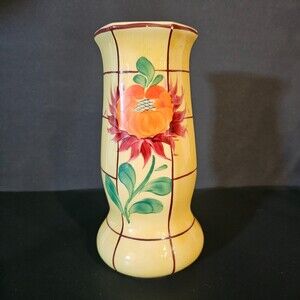 Vtg Handpainted Czech Pottery Vase, Yellow Orange Red Flower 8 x 4 in Art Deco